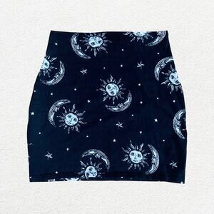 Celestial sun moon stars black mini bodycon skirt Motel boho indie hippie